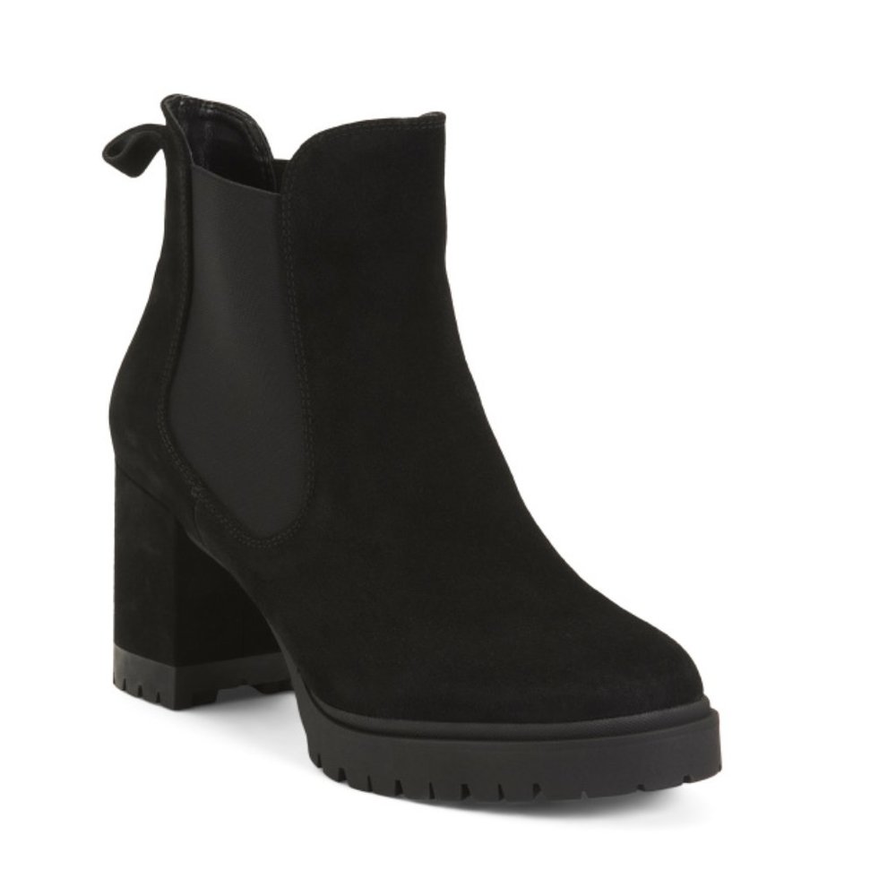 AEROSOLES Black Leather Suede Emelia Comfort Heel Booties